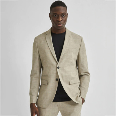 Men Beige Self-Design Single-Breasted Slim-Fit Formal Blazer