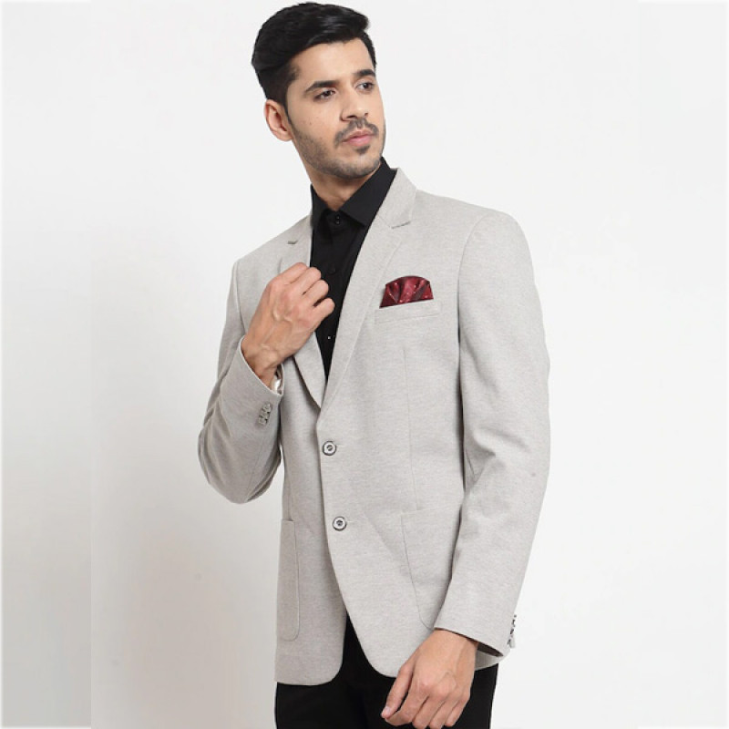 Men Grey Solid Slim-Fit Single-Breasted Casual Blazer