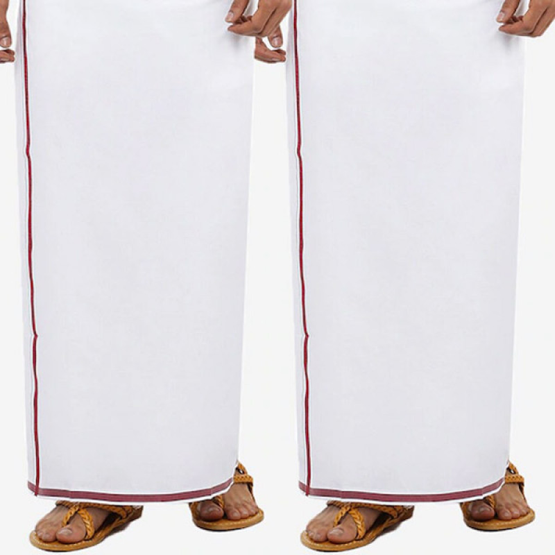 Men Pure Cotton White Dhoti with Maroon border Pack of 2