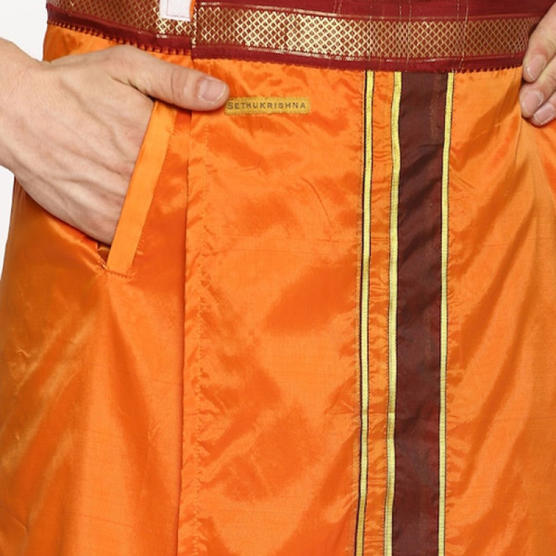 Men Orange Solid Readymade Dhoti With Angavastram